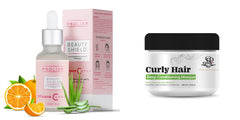 Ultimate Beauty Duo: Prolixr Beauty Shield Vitamin C Serum & Savio John Pereira's Curly Hair Mask | Skin Clearing Serum | Soothes Redness | Sun Damage Protection- 30ml & 200ml